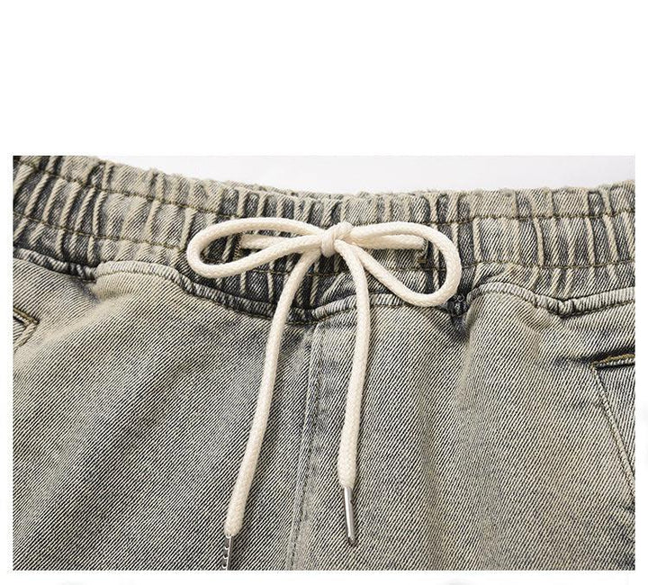 Elastic Waist Washed Yellow Mud Zipper Side Slit Jeans