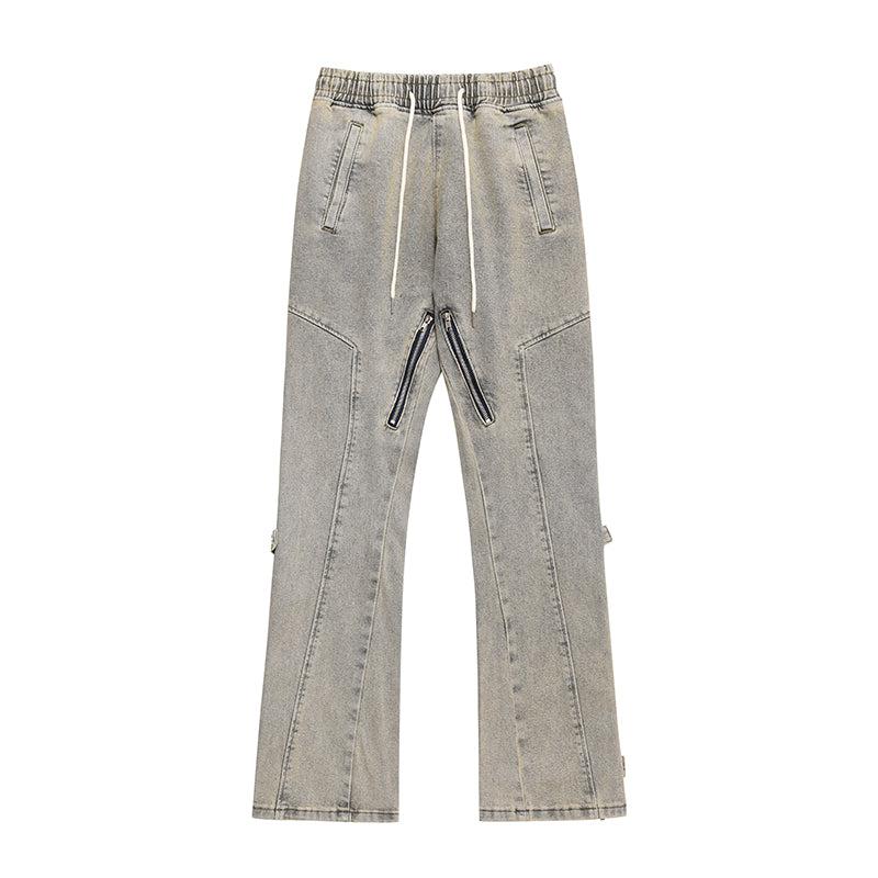 Elastic Waist Washed Yellow Mud Zipper Side Slit Jeans