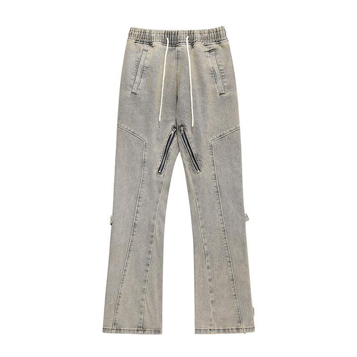 Elastic Waist Washed Yellow Mud Zipper Side Slit Jeans