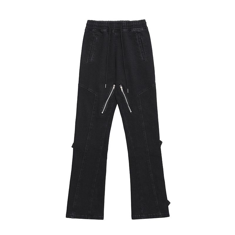 Elastic Waist Washed Yellow Mud Zipper Side Slit Jeans
