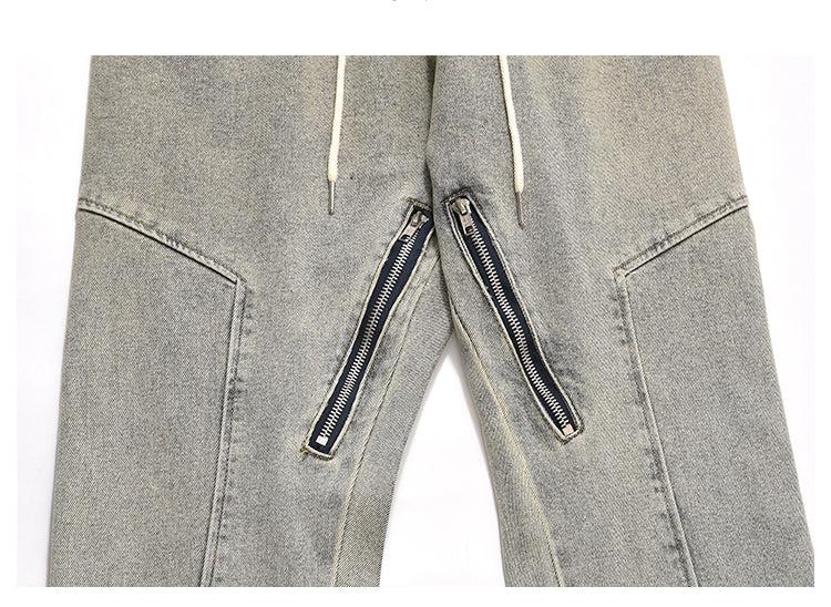 Elastic Waist Washed Yellow Mud Zipper Side Slit Jeans