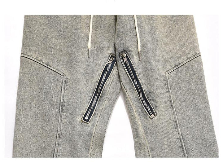 Elastic Waist Washed Yellow Mud Zipper Side Slit Jeans