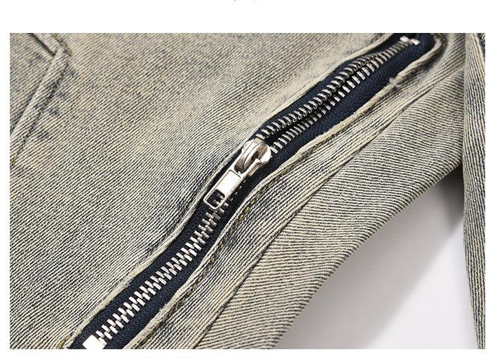 Elastic Waist Washed Yellow Mud Zipper Side Slit Jeans