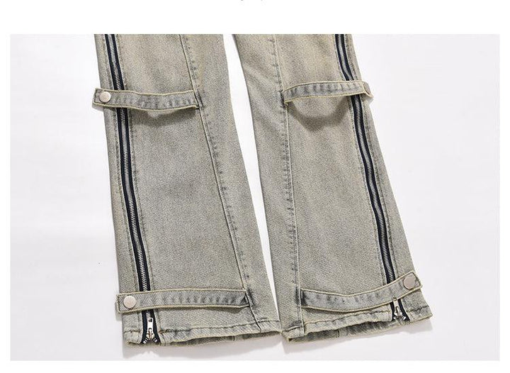 Elastic Waist Washed Yellow Mud Zipper Side Slit Jeans
