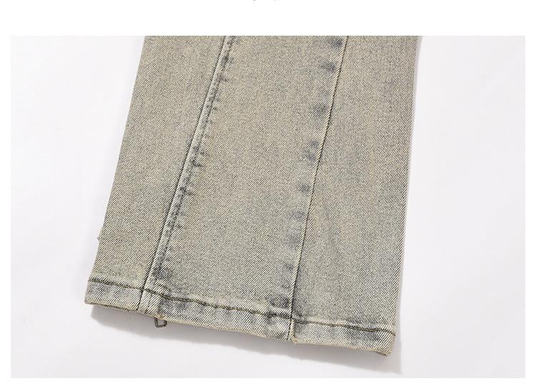 Elastic Waist Washed Yellow Mud Zipper Side Slit Jeans