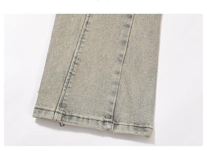Elastic Waist Washed Yellow Mud Zipper Side Slit Jeans