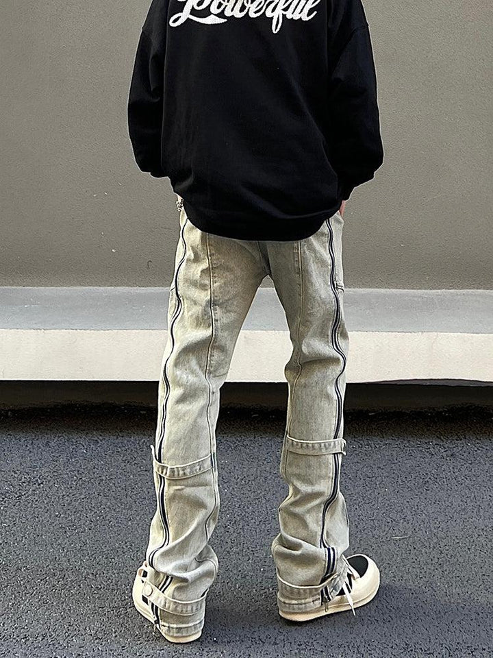Elastic Waist Washed Yellow Mud Zipper Side Slit Jeans