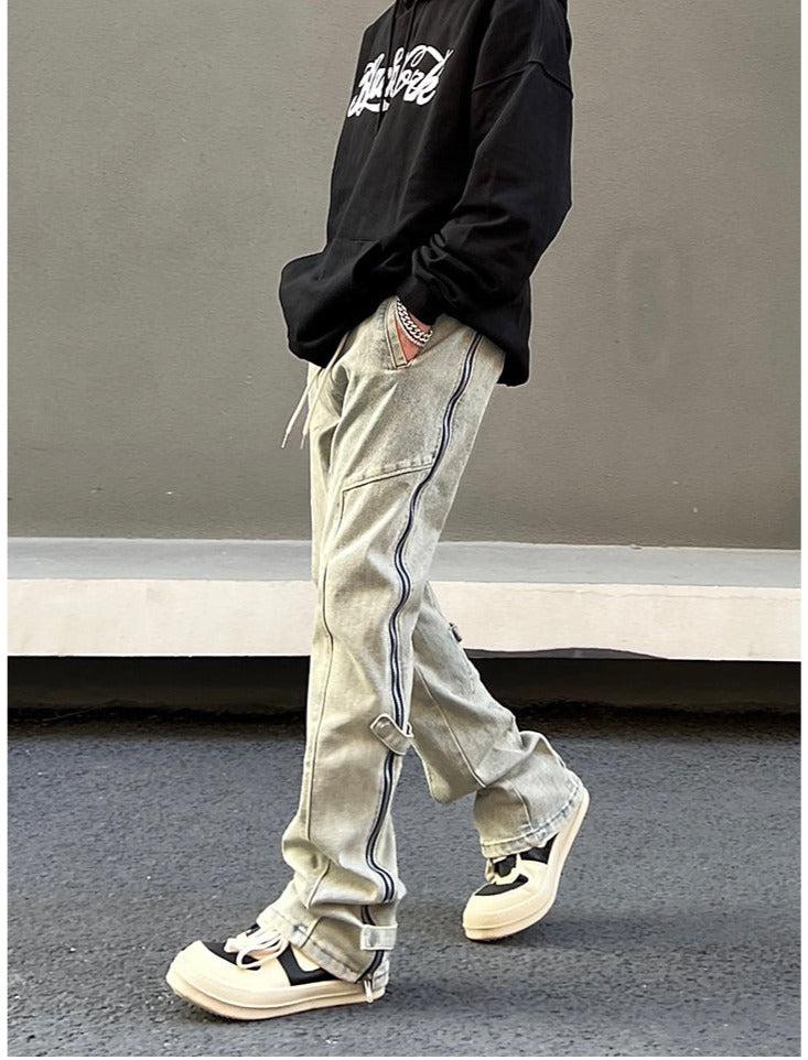 Elastic Waist Washed Yellow Mud Zipper Side Slit Jeans