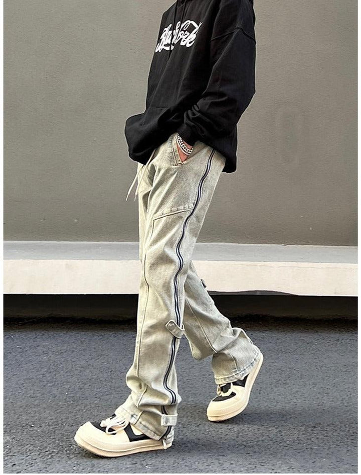 Elastic Waist Washed Yellow Mud Zipper Side Slit Jeans