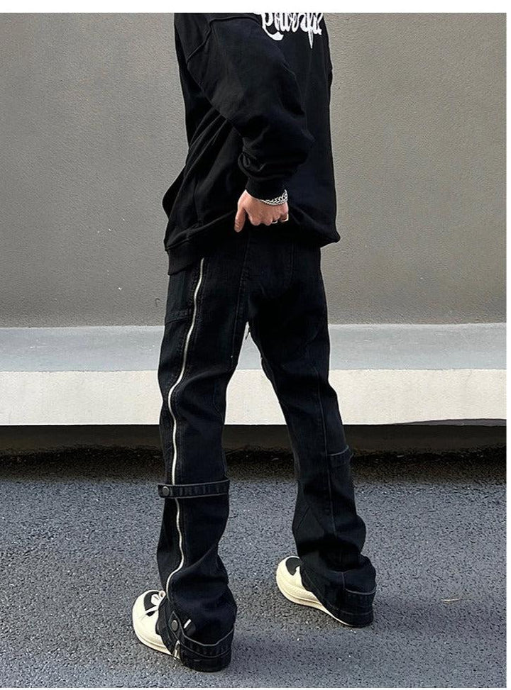 Elastic Waist Washed Yellow Mud Zipper Side Slit Jeans