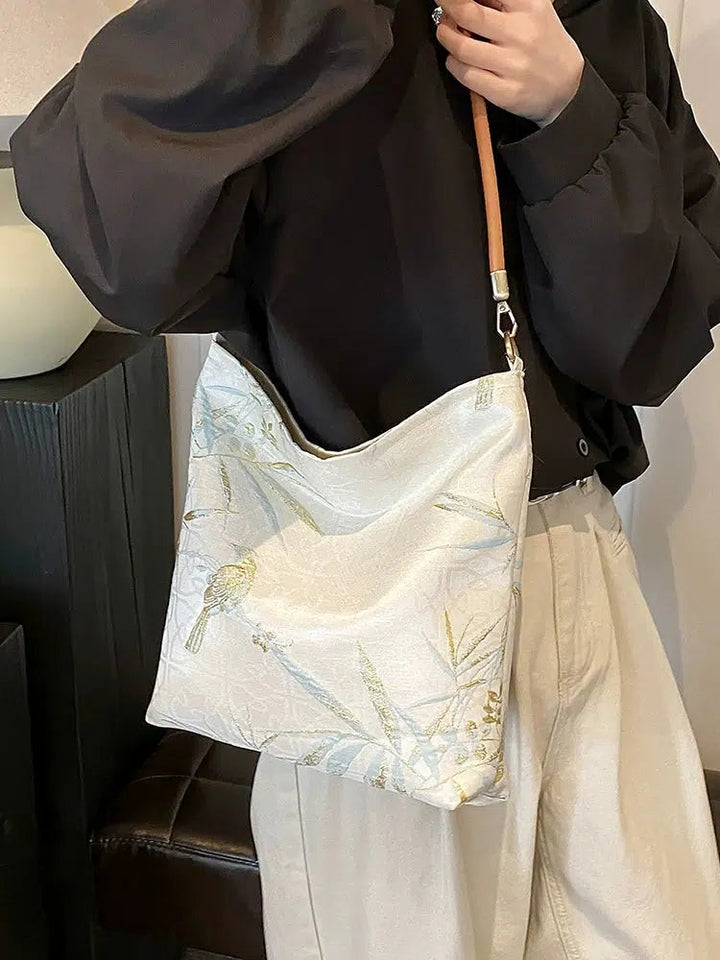Embossed Fabric Leather Strap Bag