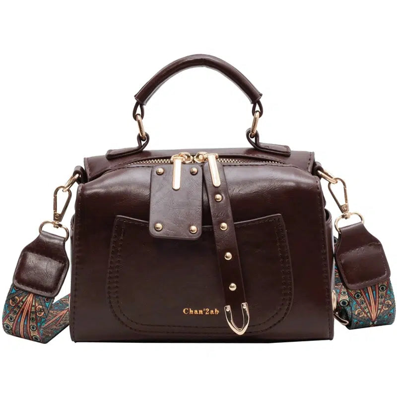 Embossed Strap Leather Handbag