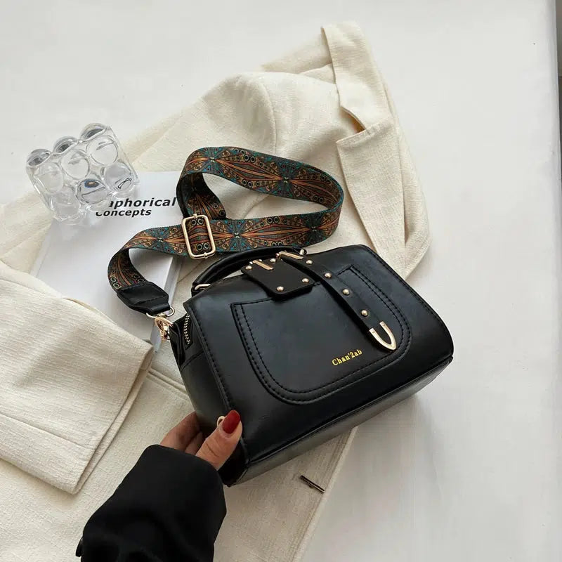 Embossed Strap Leather Handbag