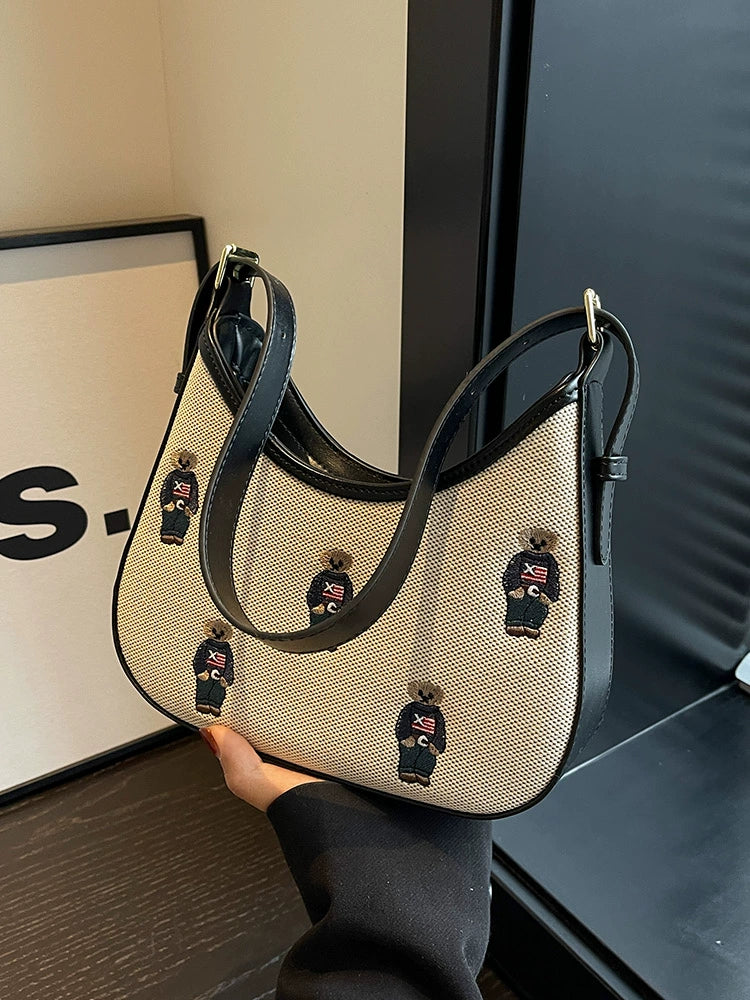 Embroidered Bear Pattern Shoulder Bag
