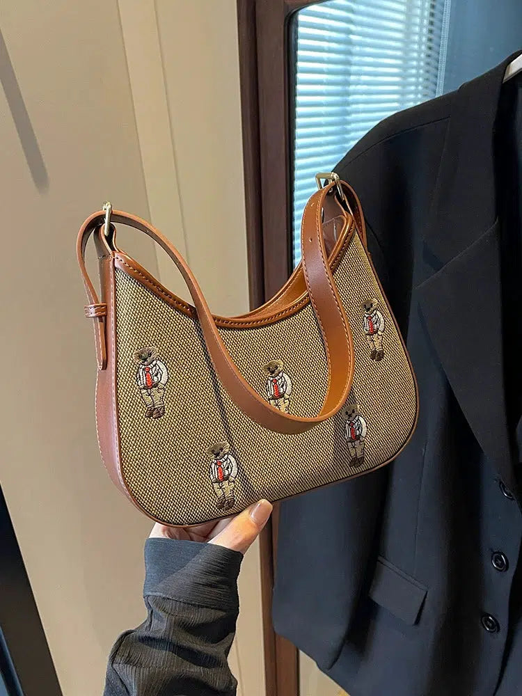 Embroidered Bear Pattern Shoulder Bag