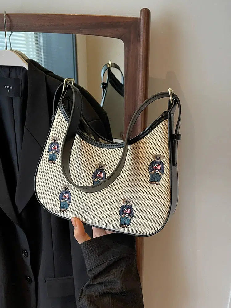 Embroidered Bear Pattern Shoulder Bag