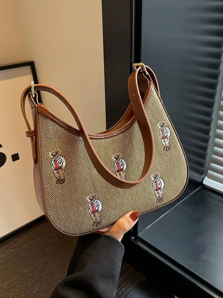 Embroidered Bear Pattern Shoulder Bag