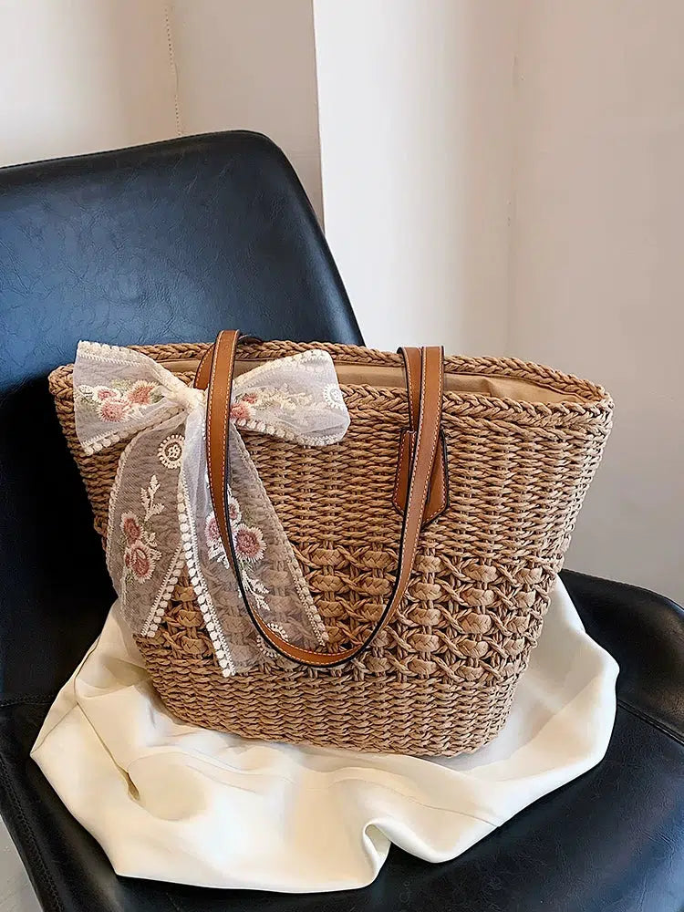 Embroidered Bow Straw Tote Bag