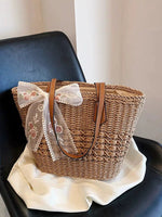 Embroidered Bow Straw Tote Bag