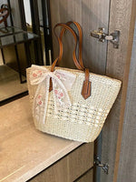 Embroidered Bow Straw Tote Bag