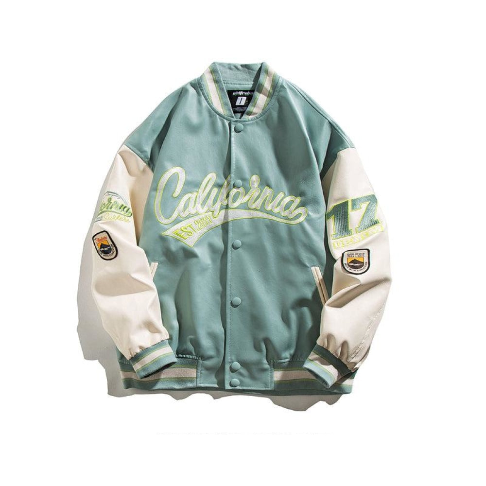 Embroidered PU Leather Baseball Jacket