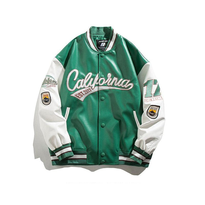 Embroidered PU Leather Baseball Jacket