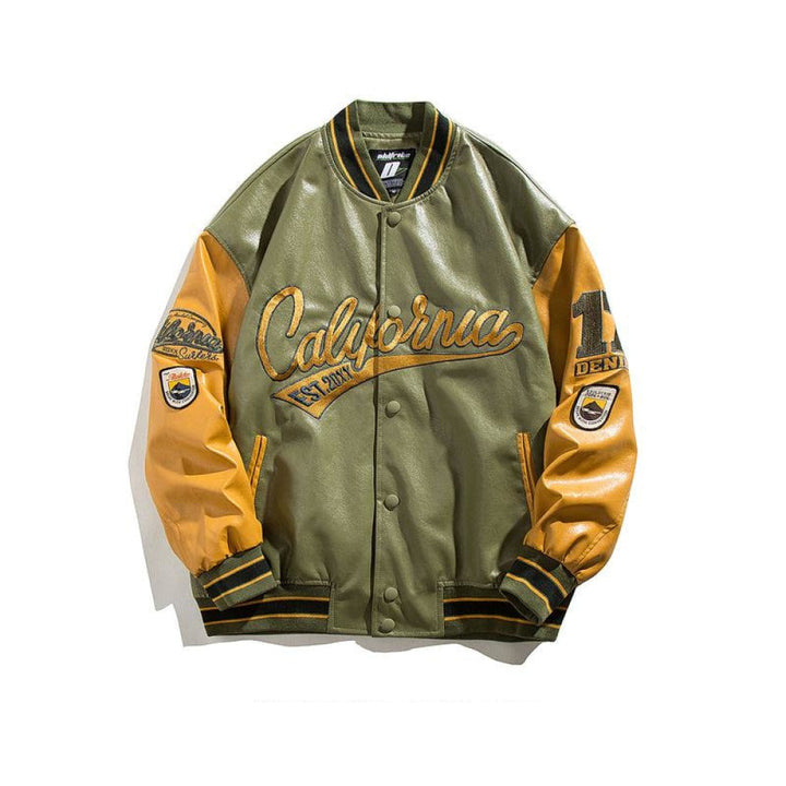Embroidered PU Leather Baseball Jacket