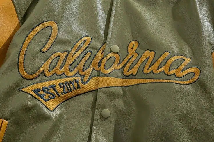 Embroidered PU Leather Baseball Jacket