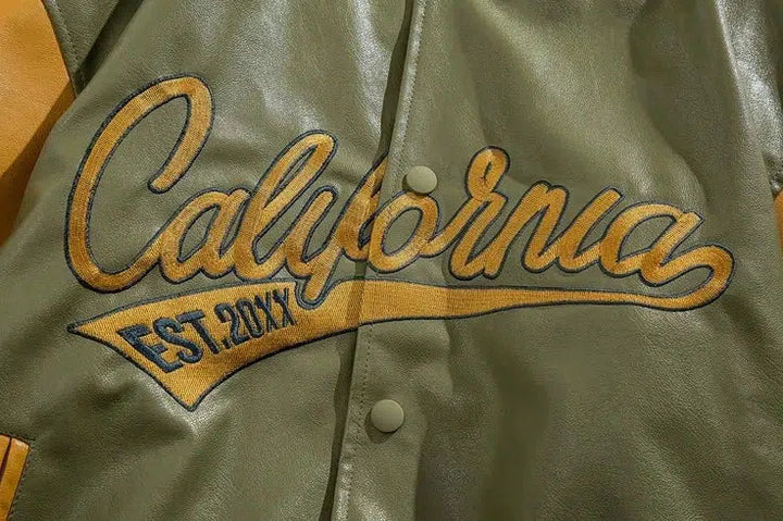 Embroidered PU Leather Baseball Jacket