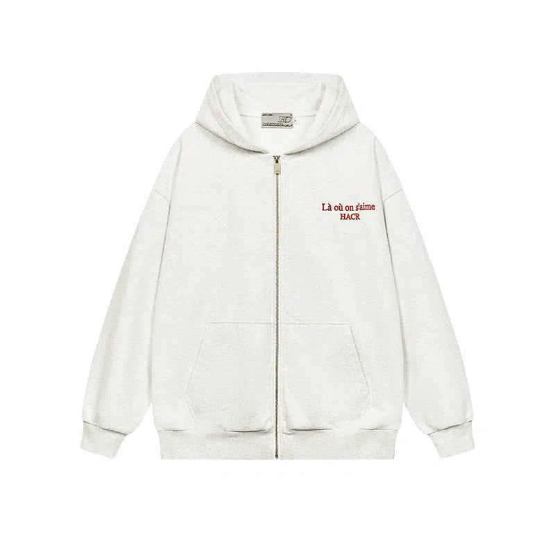 Embroidered Slogan Zipper Hoodie