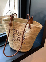 Embroidered Straw Shoulder Bag