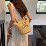 Embroidered Straw Shoulder Bag
