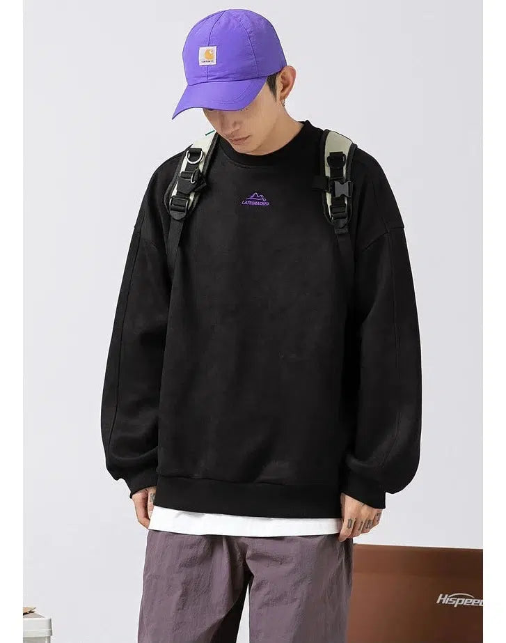 Embroidered Suede Round Neck Sweatshirt