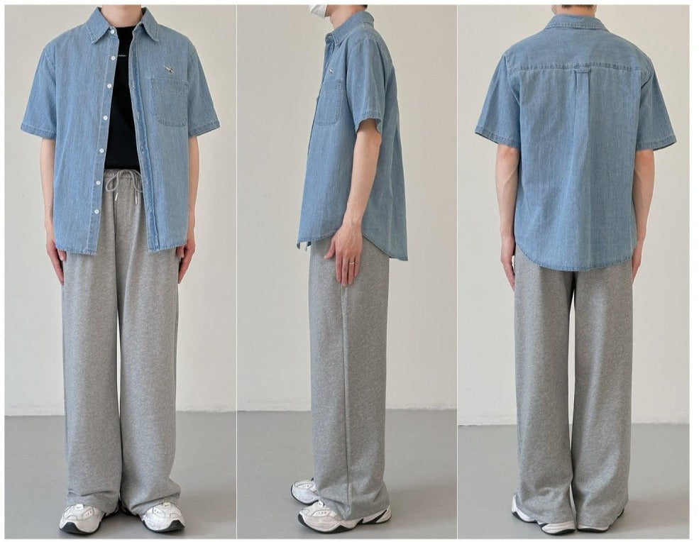 Embroidered Washed Blue Denim Shirt