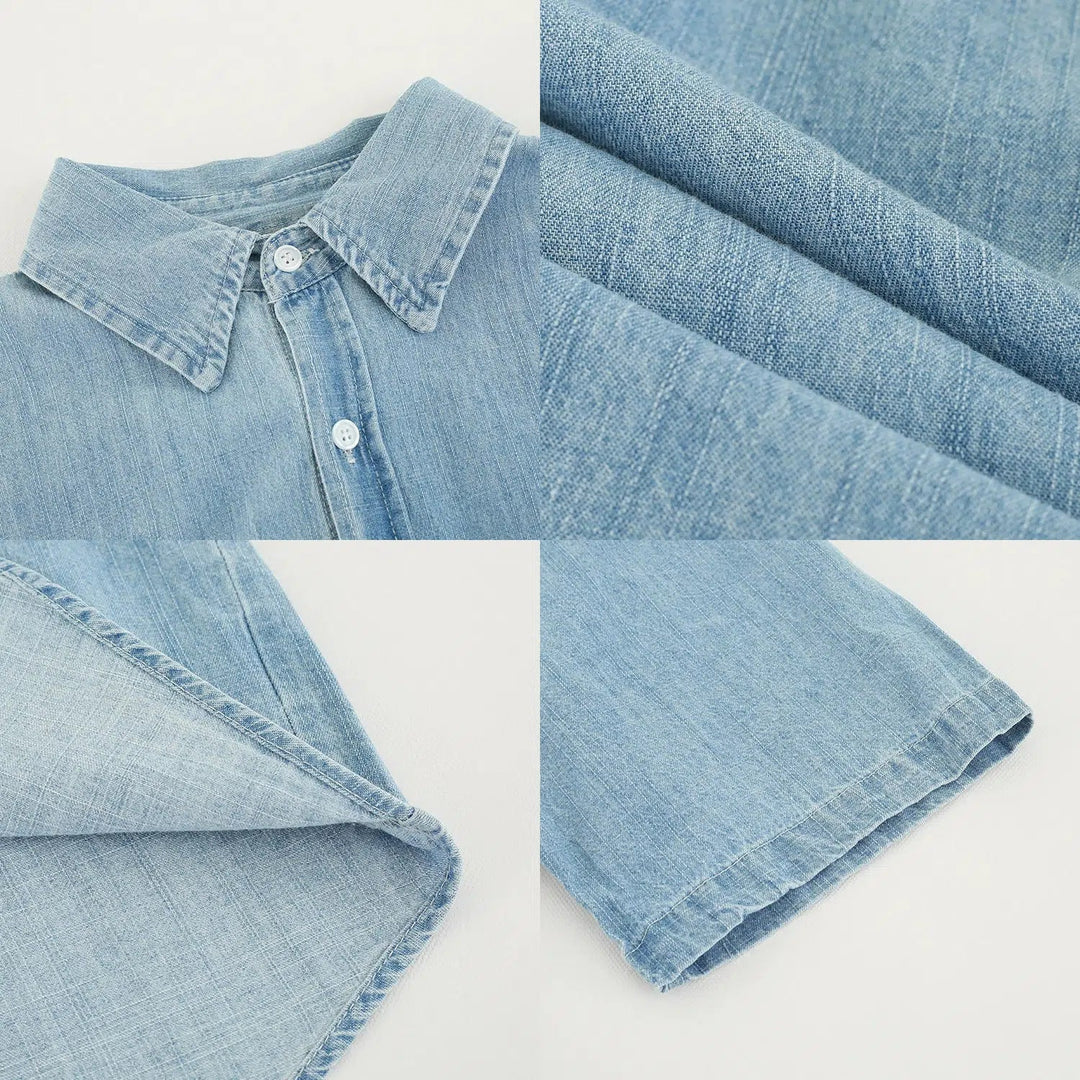 Embroidered Washed Blue Denim Shirt