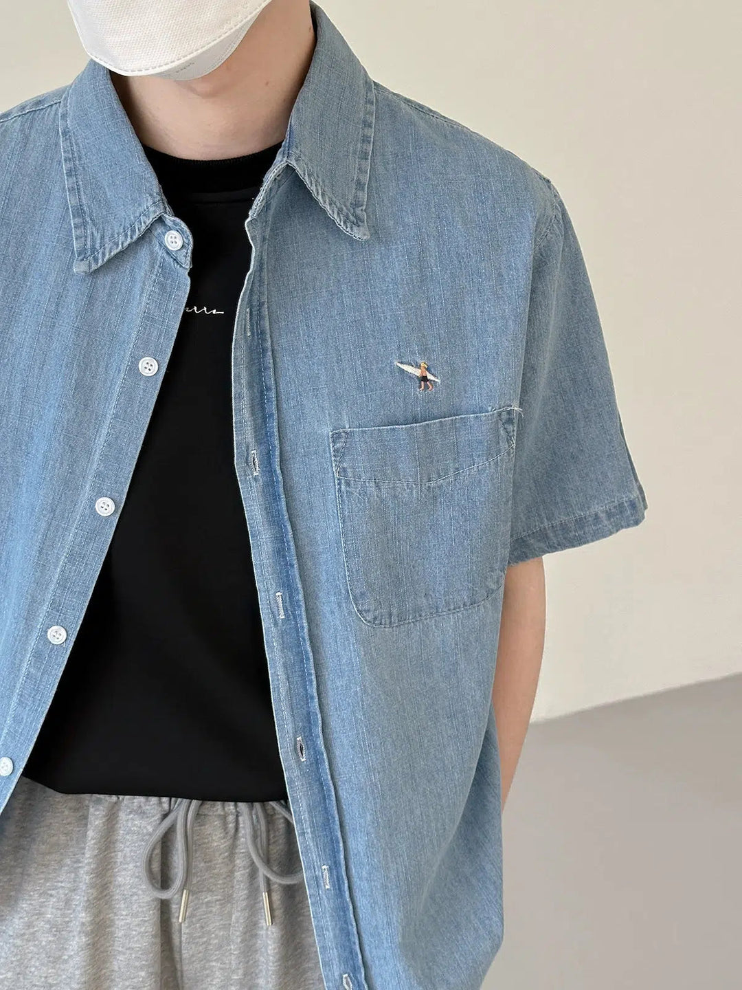 Embroidered Washed Blue Denim Shirt