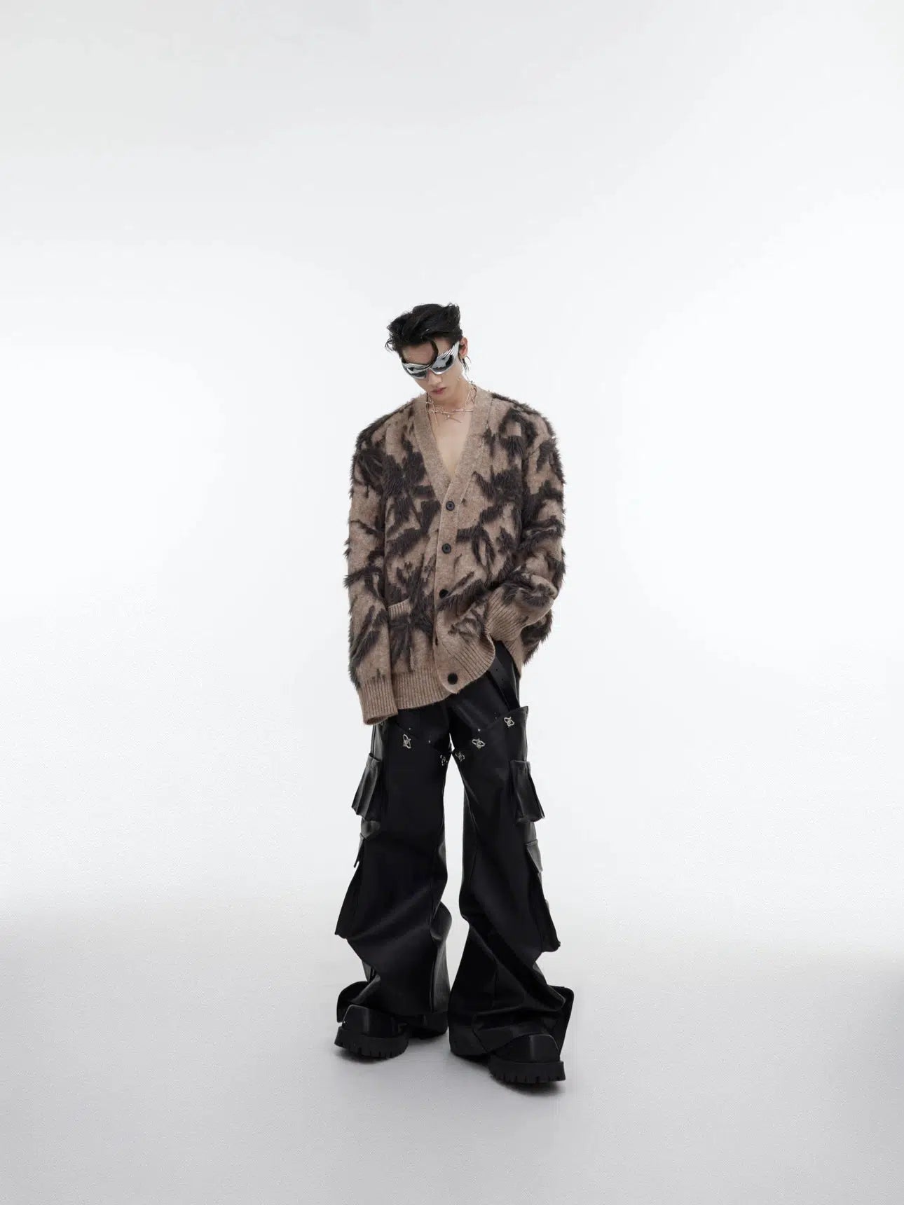 Mink V-Neck Jacquard Loose Cardigan