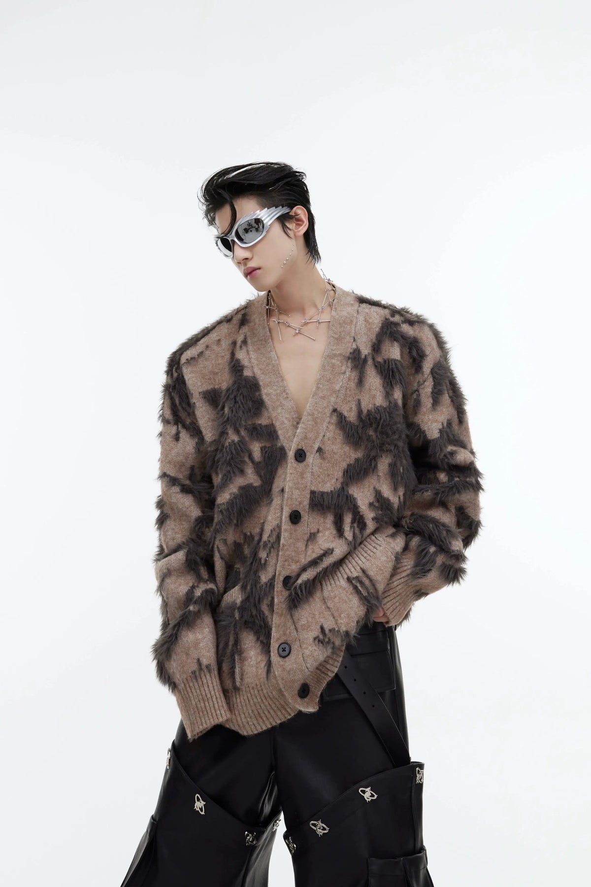 Mink V-Neck Jacquard Loose Cardigan