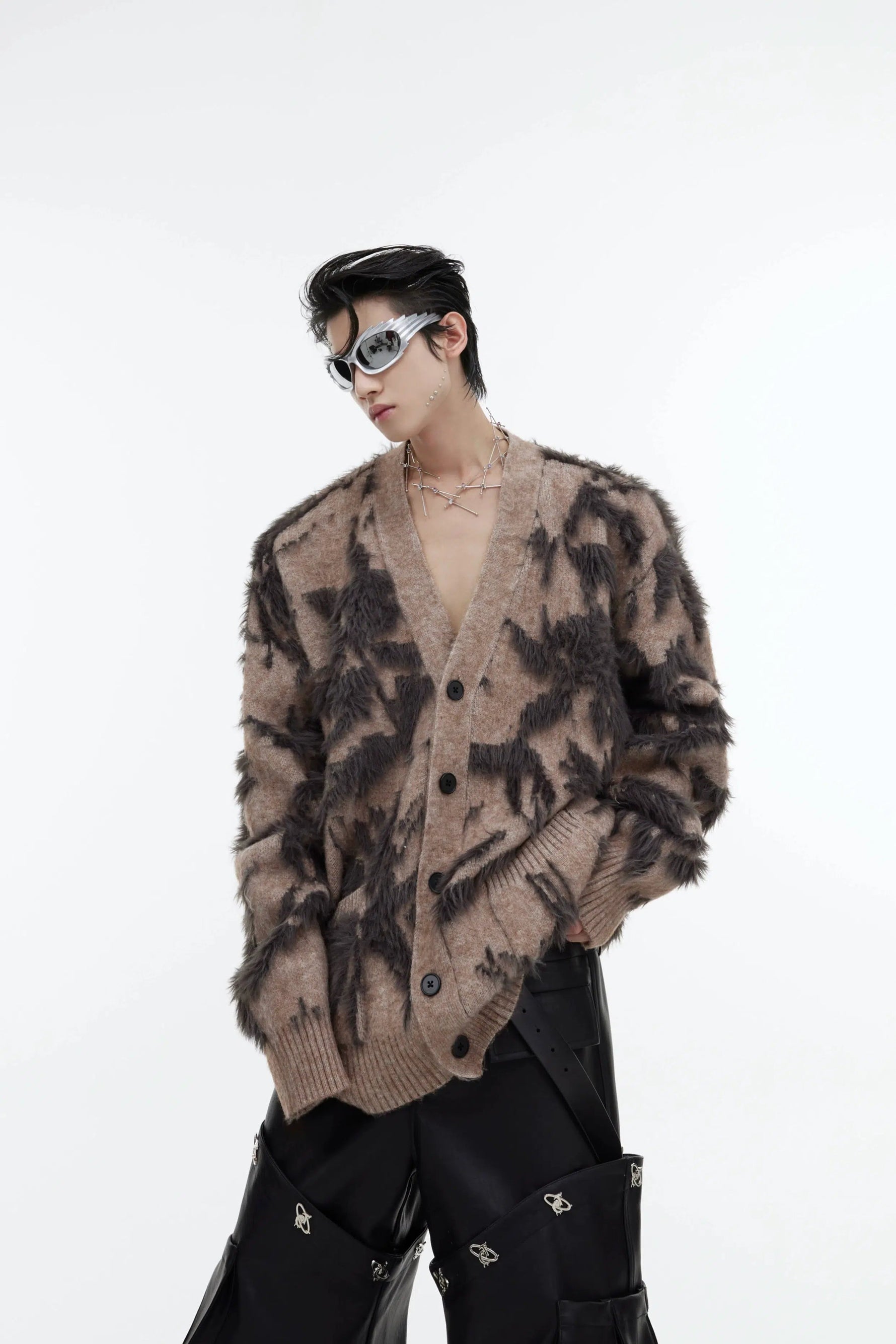 Mink V-Neck Jacquard Loose Cardigan