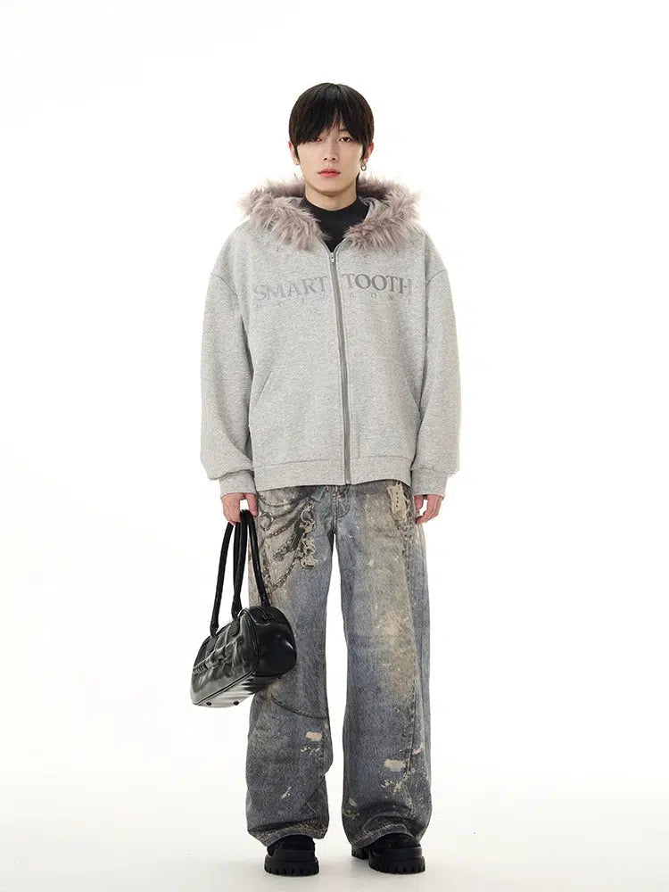 Faux Fur Trim Hooded Zipper Sweatshirt Grey M