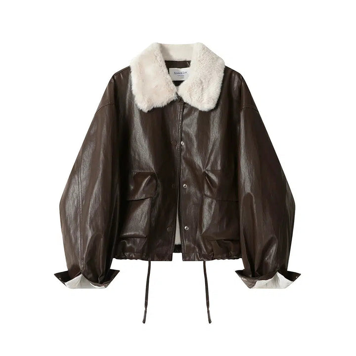 Plush Collar Faux Leather Jacket