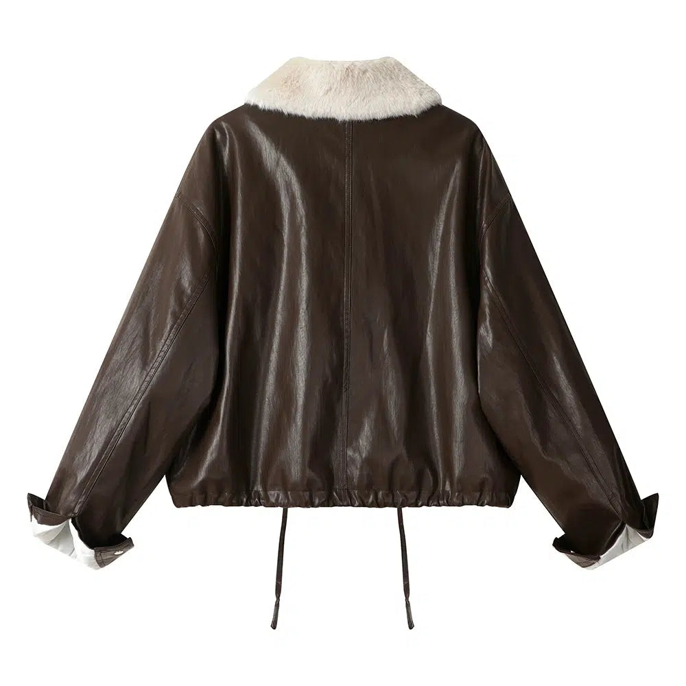 Plush Collar Faux Leather Jacket