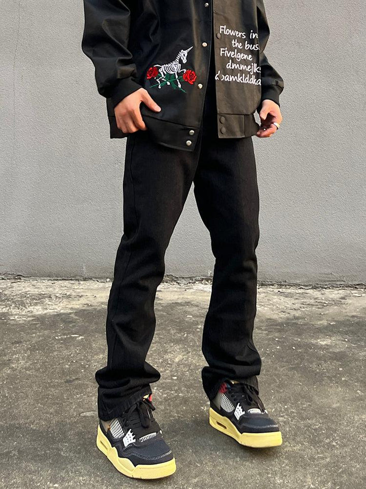 Flame Letter Embroidered Slim Jeans