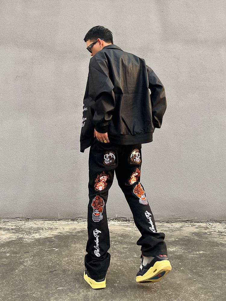 Flame Letter Embroidered Slim Jeans