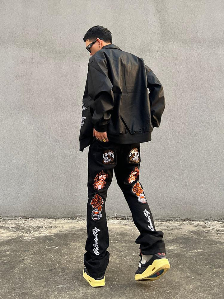 Flame Letter Embroidered Slim Jeans