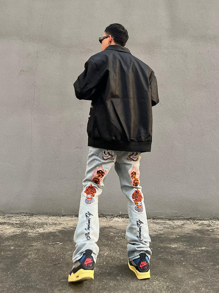 Flame Letter Embroidered Slim Jeans