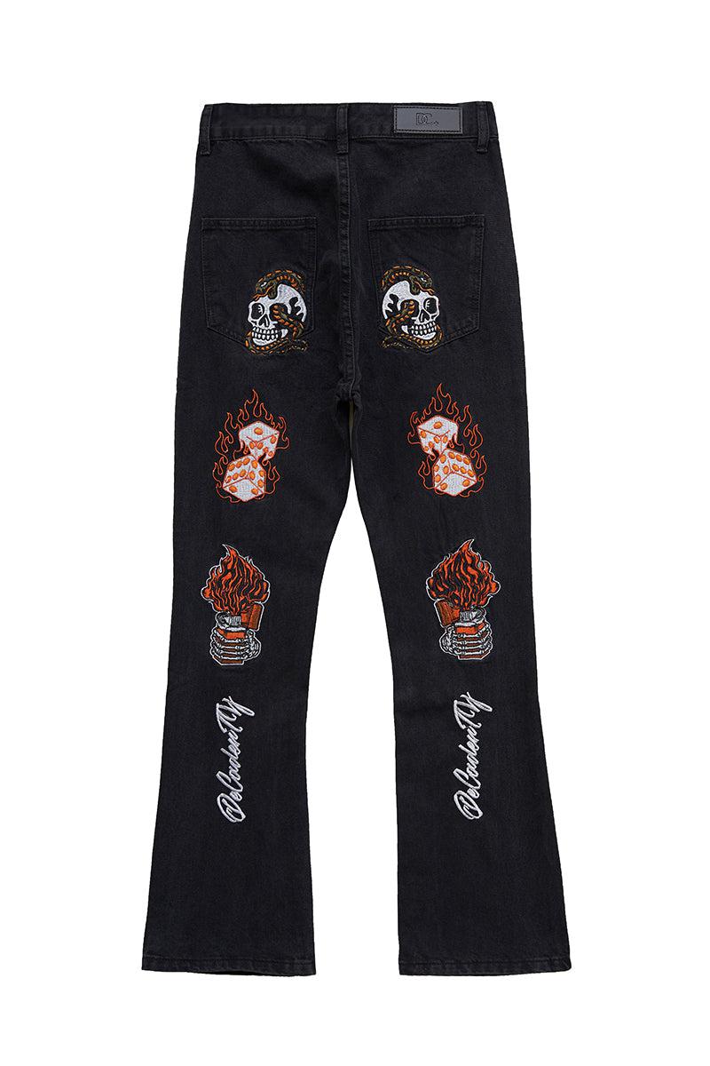 Flame Letter Embroidered Slim Jeans