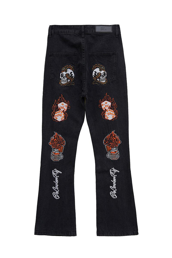 Flame Letter Embroidered Slim Jeans