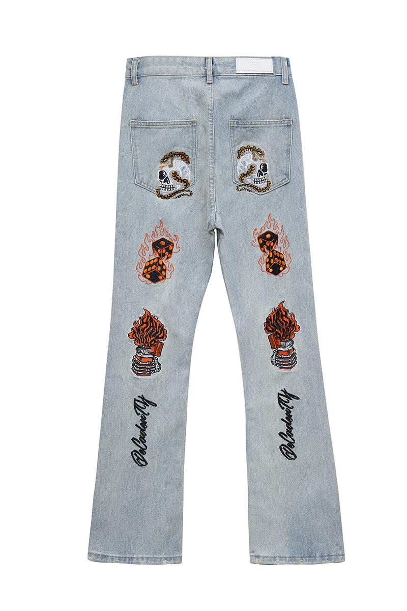 Flame Letter Embroidered Slim Jeans