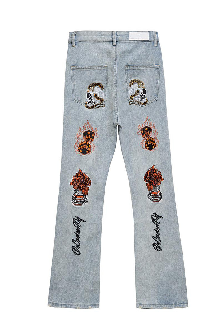 Flame Letter Embroidered Slim Jeans